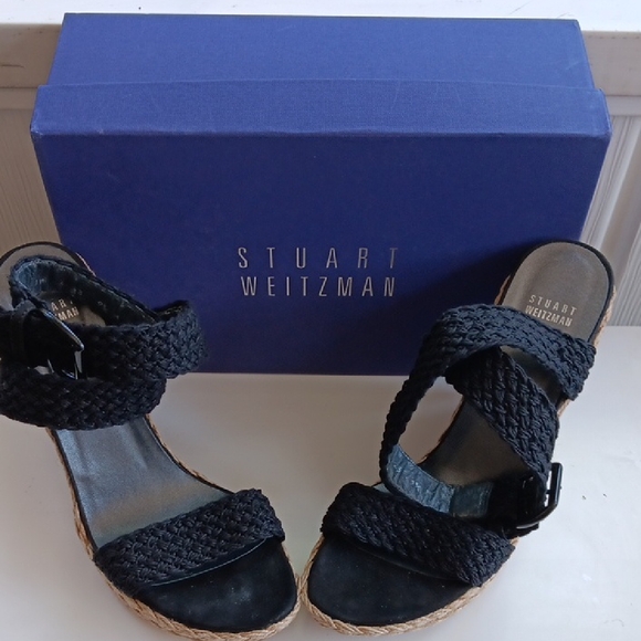Stuart Weitzman Alex Nero Crochet Black  Woven Wedges Sandals 9.5 M - Picture 3 of 16